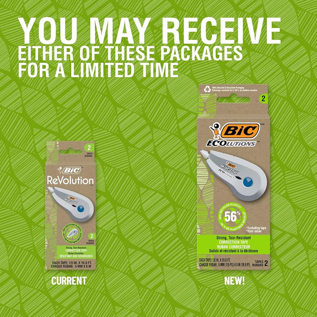 BIC Ecolutions Wite-Out Brand Correction Tape, 19.8 Feet, 2-Count Pack, Correction Tape Made from 56% Recycled Plastic