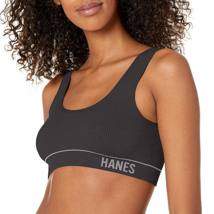 Hanes Women's Originals Seamless Rib Crop Bralette, Wireless Scoop Pullover Bra, ComfortFlex Fit, Opaque, Black, XS