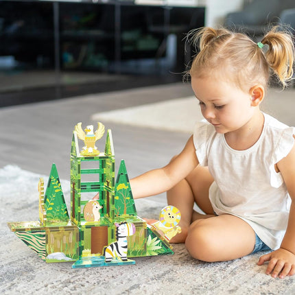 PicassoTiles 46pc Magnet Tile Building Block Safari Themed Set with 8 Compatible Magnetized Animal Action Figures Build Blocks Toddler Creativity Toys STEAM Educational Learning Skills Ages 3+ PTQ12