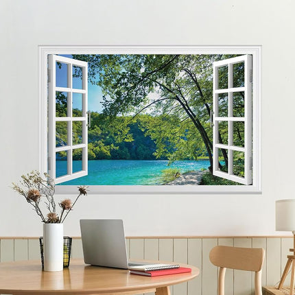 FLFK Fake Window Wall Mural - Lakes in The Jungle Faux Window Wall Sticker for Wall Decor, Stick and Peel Wall Decals, 48"x32", Set of 2 Sheets