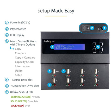 StarTech 1:7 Standalone USB Flash Drive Duplicator Cloner Eraser, LCD