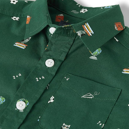 The Children's Place Baby Boys' Poplin Short Sleeve Button Down Shirt, Green School Print, 3T