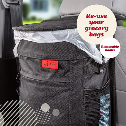 Poubelle de voiture anti-débordement Lusso Gear, pour détritus – Doublure amovible et poches de rangement – Garde la voiture, l'auto, le moteur propre, organisé et sans odeur – Grande capacité de 9 L (noir)