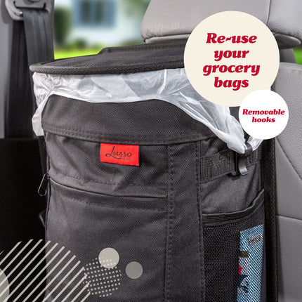 Lusso Gear Spill-Proof Car Bin, Car Trash Can for Rubbish - Removable Liner & Storage Pockets - Keep Car, Auto, Motor Tidy, Organised & Odor Free - Large 9L Capacity Garbage Bin (Black)