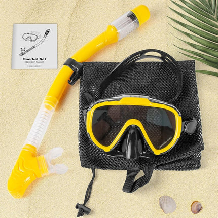 Snorkel Set, Dry Top Snorkeling Gear for Adults, Panoramic Anti-Leak and Anti-Fog Tempered Glass Lens, Adults Adjustable Snorkeling Set, Scuba Diving Swimming Training Snorkel Kit with Mesh Bag