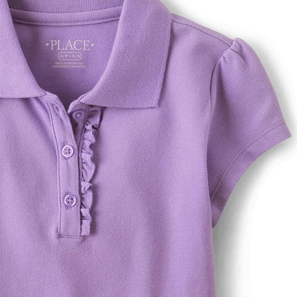 Lot de 3 polos piqués à manches courtes à volants The Children's Place pour filles, couleurs Seafrost/Aurora Pink/Purple, taille S
