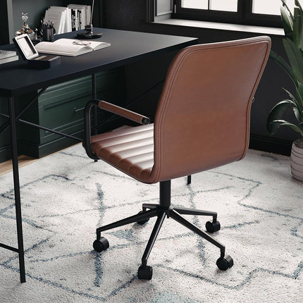Martha Stewart Taytum Swivel Task Chair with Armrests for Home Office in Saddle Brown Faux Leather with Oil Rubbed Bronze Frame