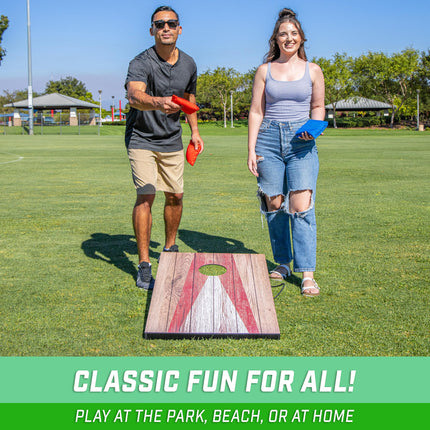GoSports 3 x 2 ft Cornhole Board Set - Portable Outdoor Toss Game for Adults & Family - Includes Set of 8 Bean Bags with Built-in Storage - Rustic