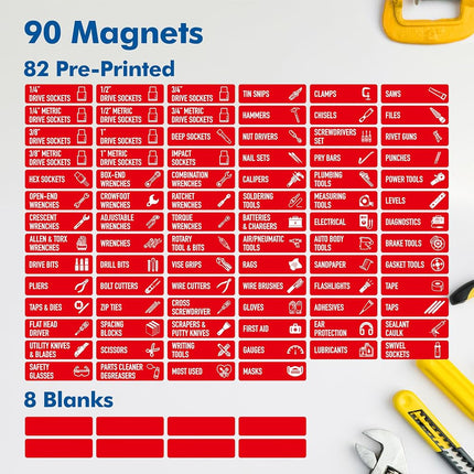 Pack of 90 Magnetic Toolbox Labels, 82 Premade & 8 Empty, Large Tool Box Organiser Labels, Strong Magnetic Force & Easy to Read for All Toolboxes, Drawers (Red)