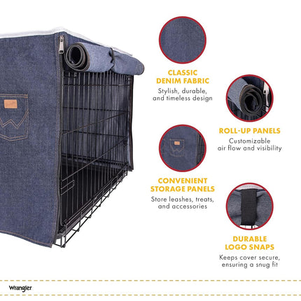 Wrangler Denim Dog Crate Cover – Durable, Breathable & Stylish Dog Kennel Cover with Rollable Panels & Front Pocket for Accesories - Machine Washable Crate Covers for Dog Cages (XXL)