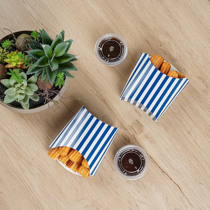 Restaurantware-Bio Tek 4.5 x 3.2 x 3.9 Inch French Fry Cup, 100 Disposable Snack Cups - Stackable, Sustainable, Blue and White Paper 3 Ounce Fry Holder, for Fries, Onion Rings, Popcorn, or Cookies