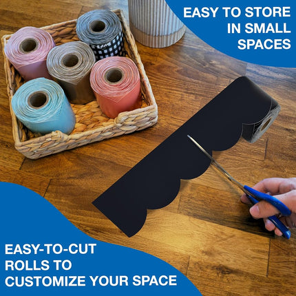 Carson Dellosa 65Ft of Black Bulletin Board Borders, 1 Roll of Scalloped Trim for Rolling Whiteboard, Cork and Posterboard, Party, Office Decorations, and Classroom Decor