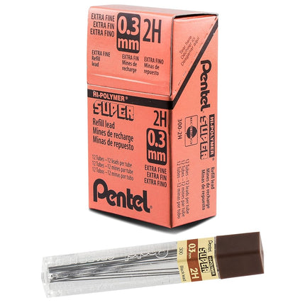 Pentel Super Hi-Polymer Refill Lead, 0.3mm Lead, Grade 2H, 1 Pack of 12 Tubes, (12 Leads per Tube)