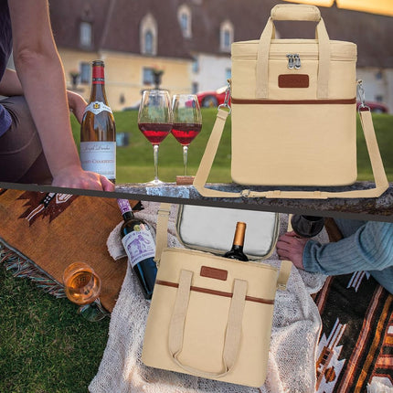 opux 6 Bottle Carrier Tote | Insulated Padded Wine Cooler Bag for Travel. Picnic, BYOB | Portable Leakproof Wine Tote Bag for Dinner, Party, Christmas, Wine Gift for Women, Men (Cream Beige)