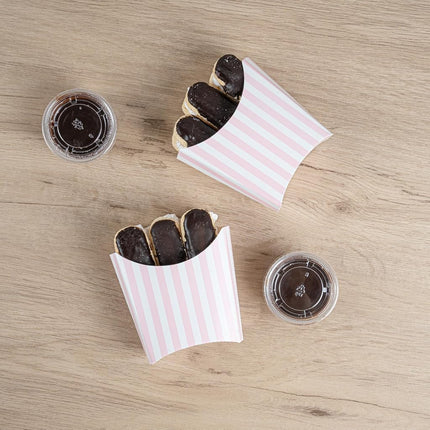 Bio Tek 4.5 x 3.2 x 3.9 Inch French Fry Cup, 100 Disposable Snack Cups - Stackable, Sustainable, Pink and White Paper 3 Ounce Fry Holder, for Fries, Onion Rings, Popcorn, or Cookies - Restaurantware