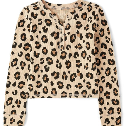 The Children's Place Girls' Basic Long Sleeve Thermal Henley Tops, Cheetah Print, XX-Large