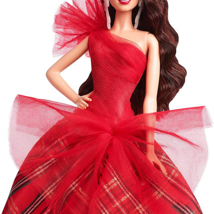 Barbie 2024 Holiday Dolls, Seasonal Collector Gift, Signature, Plaid Gown with Red Bow, Displayable Packaging, Dark Brown Hair