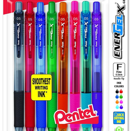 Pentel EnerGel-X Retractable Liquid Gel Pen, 0.5mm, Needle Tip, Assorted Ink, Pack of 8 (BLN105BP8M)