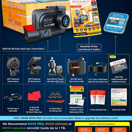 ROVE R2-4K DUAL Dash Cam Front and Rear, STARVIS 2 Sensor, FREE 128GB Card