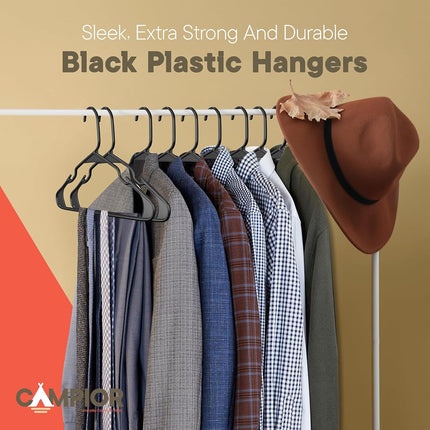 Premium Clothes Hangers – Space-Saving Slim Design, Lightweight and Durable Plastic with Smart Shoulder Grooves, Versatile Usage for Organizing Laundry, Coats, and Clothes, Black, Pack of 50