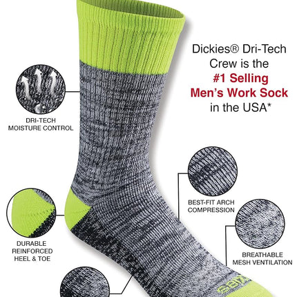 Dickies Men's Multi-Pack Dri-Tech Moisture Control Crew Socks, Hi-Vis Orange Black (6 Pair), Shoe Size 6-12