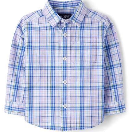 The Children's Place Baby Boys' and Toddler Poplin Long Sleeve Button Down Shirt, Petal Purple Plaid, 18-24 Months