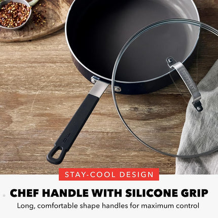 GreenPan x Bobby Flay Juego de ollas y sartenes antiadherentes de 13 piezas, cerámica con infusión de diamante sin PFAS, apto para inducción, fácil de limpiar apto para lavavajillas y horno, asas de silicona que se mantienen frías, tapas de vidrio, negro