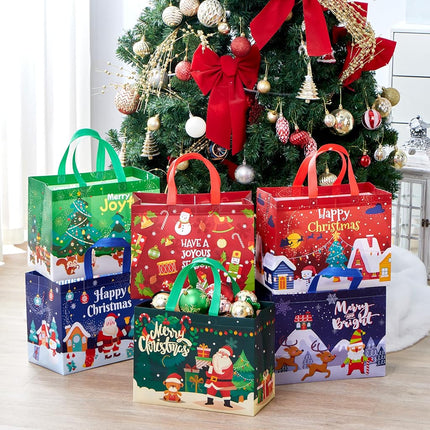 JOYIN 12 PCS Christmas Large Reusable Gift Bags 12.8"x9.8"x6.7, Xmas Large Non-Woven Grocery Bag with Handles for Wrapping Party Supplies, Holiday Party Favor