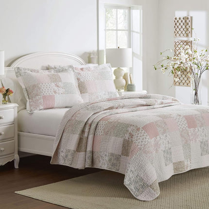 Laura Ashley - Twin Quilt Set, Reversible Cotton Bedding with Matching Sham, Patchwork Inspired Home Decor (Celina Patchwork Pink/Sage, Twin)
