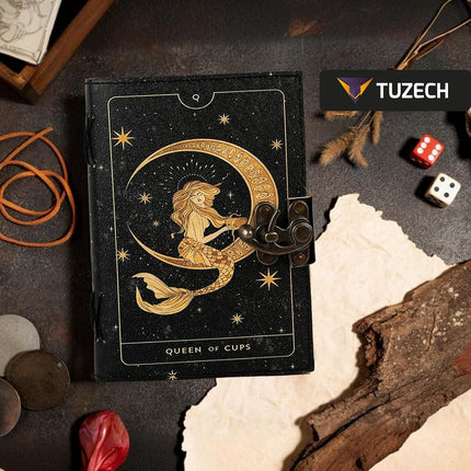 TUZECH Book of Spells Leather Bound Journal Deckle Edge Paper Grimoire Printed Diary Third Eye witchcraft supply and Witch Spell Notebook Antique Vintage Book for Men and Women (Queen of Cups)