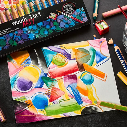 STABILO Multi Talented Pencil - Woody 3 In 1 Wallet of 18 Assorted Colours + Sharpener & Paint Brush