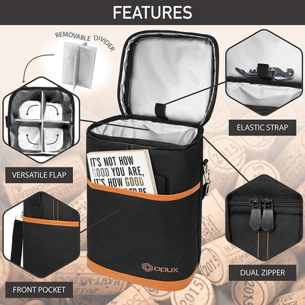 Opux 4 Bottle Insulated Wine Cooler Bag - Leakproof Padded Portable Wine Bottle Carrier for Travel Picnic BYOB Gift (Brown)