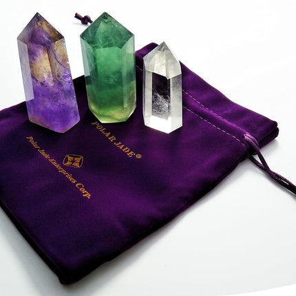 Set of 3 Healing Crystal Wands of 3 Stones: Clear Quartz, Fluorite, Amethyst Pointed & Faceted Prism Bars for Reiki Chakra Meditation Therapy Decor