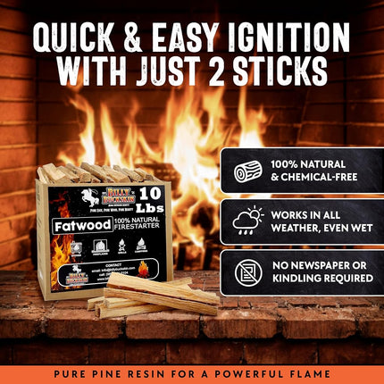 Billy Buckskin Co. 10 lb. Fatwood Fire Starter Sticks | Easy & Safe Fire Starter | Start a Fire with just 2 Sticks | Works in Any Weather Conditions | 10 lb Box