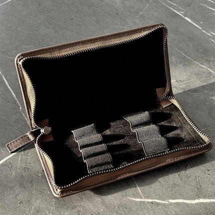 DiLoro Leather Zippered Triple or Quad Pen Case Pencil Pouch Holder for Three or Four Fountain Ballpoint Rollerball Pens or Glasses (Nappa Bugatti)