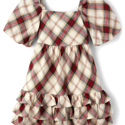Gymboree Girls' and Toddler Short Sleeve Casual Printed Dresses, Red/Green Plaid, 12
