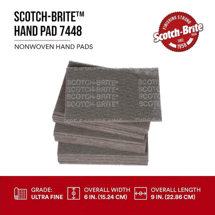 Scotch-Brite Ultra Fine Grade 7448 Hand Pad, Pack of 3, 6 in x 9 in Hand Pads, Nonwoven Silicon Carbide, Surface Preparation, Scuffing, and Cleaning, Gray