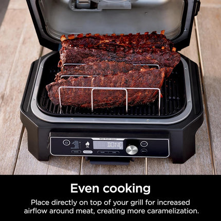 Ninja XSKRACKXL Rejilla para costillas Woodfire, compatible con las series OG800 y OG900, ahúma 4 costillas enteras, eleva las costillas para un flujo de aire completo, corteza uniforme, acero, plata