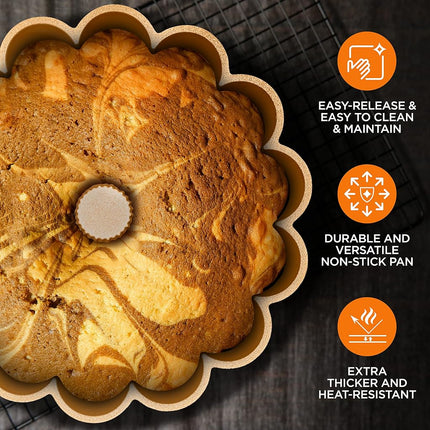 Nutrichef Cake Tin – Non Stick 25cm Fluted Ring Cake Mould for Baking, Marquise Pan for Ring Cakes, Easy Release, Dishwasher Safe, Aluminum with Dual-Layer Nonstick Coating