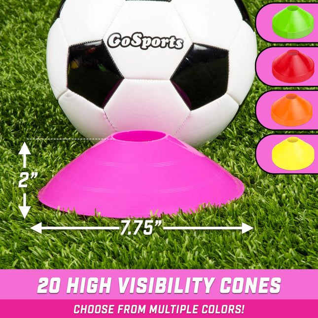 GoSports Premium Sports Cones for Agility Training and Drills - 20 Pack with Tote - Pink