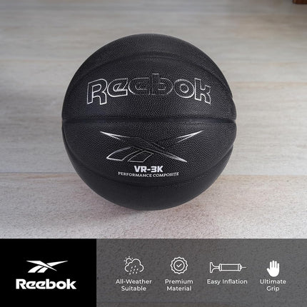 Ballon de basket officiel Reebok, cuir composite, prise antidérapante, maintien de forme constant, pompe et aiguille incluses, série VR-3K Noir