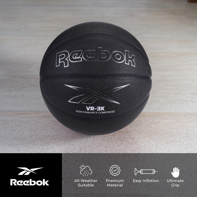 Ballon de basket officiel Reebok, cuir composite, prise antidérapante, maintien de forme constant, pompe et aiguille incluses, série VR-3K Noir
