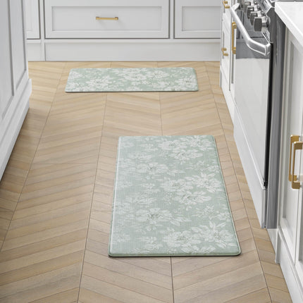 Laura Ashley - Anti-Fatigue Kitchen Mat, Iris Floral Design, Stain, Water & Fade Resistant, Cooking & Standing Relief, Non-Slip Backing, 2 Piece Set, Sage Green Iris