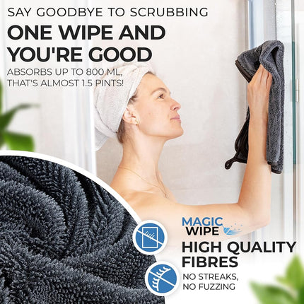 MAGIC WIPE® Bathroom Drying Cloth XXL - 40 x 60 cm Original All Purpose Microfibre Cleaning Cloth - Streak & Lint Free Cloth, Premium Quality Drying Towel for Bathrooms (2, Black)