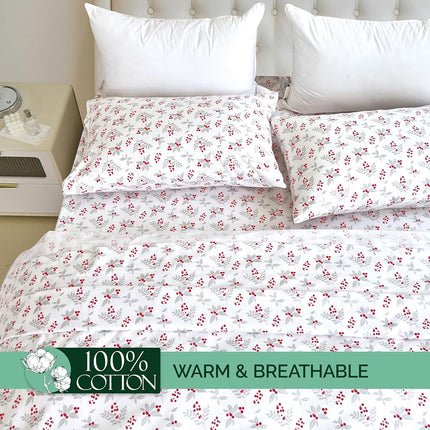 Elegant Comfort Ultra Soft 4-Piece 100% Turkish Cotton Flannel Sheet Set - Holiday Christmas Flannel Sheets, Warm and Cozy Premium Quality, Deep Pocket Fitted Sheet- Twin XL, Holly Flower