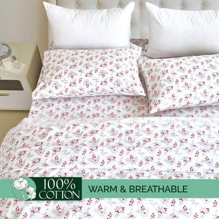 Elegant Comfort Ultra Soft 4-Piece 100% Turkish Cotton Flannel Sheet Set - Holiday Christmas Flannel Sheets, Warm and Cozy Premium Quality, Deep Pocket Fitted Sheet- Twin XL, Holly Flower