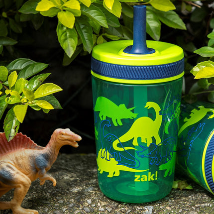 Zak Designs Kelso Set de Vasos de 443 ml, (Camuflaje de Dino) Tapa Antifugas Atornillable sin BPA con Pajita Hecho de Plástico Duradero y Silicona, Paquete de Vasos Perfectos para Niños Pequeños (Set de 2 Piezas)