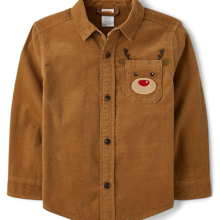 Gymboree Boys' and Toddler Long Sleeve Button Up Shirts, Antler Brown, 12-18 Months