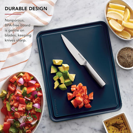 KitchenAid Classic Plastic Cutting Board with Perimeter Trench and Non Slip Edges, Dishwasher Safe, 11 x 14 inch, Ink Blue