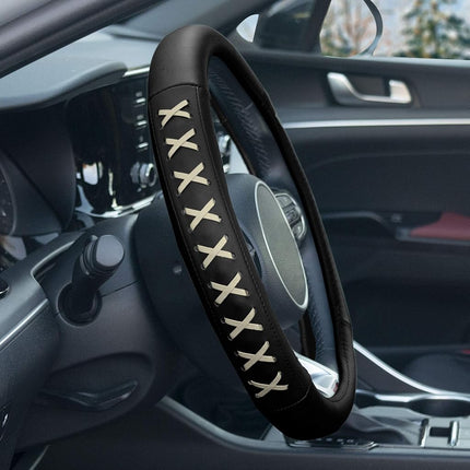 FH Group FH2022 Universal 15 Inch Beige Genuine Leather Steering Wheel Cover with Lace-Up Detailing